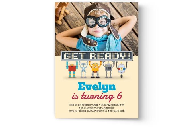 Child dressed as a pilot with goggles featured on the template designs for Evelyn's 6th birthday celebration Photo Book Press Create & Print Kid's Photo Birthday Party Invitations.