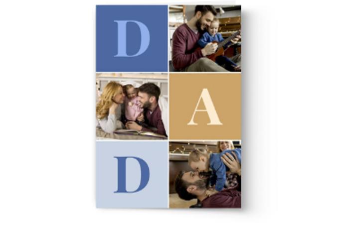 Collage of moments in a father's life, showcasing affection and engagement with his child on a custom printed Create & Print Custom Photo Father's Day card from Photo Book Press.