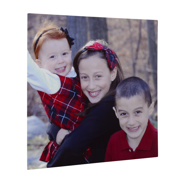 Three children are posing for a vibrant picture in a wooded area, printed on Fuji Personalized Photo Products Metal Prints.