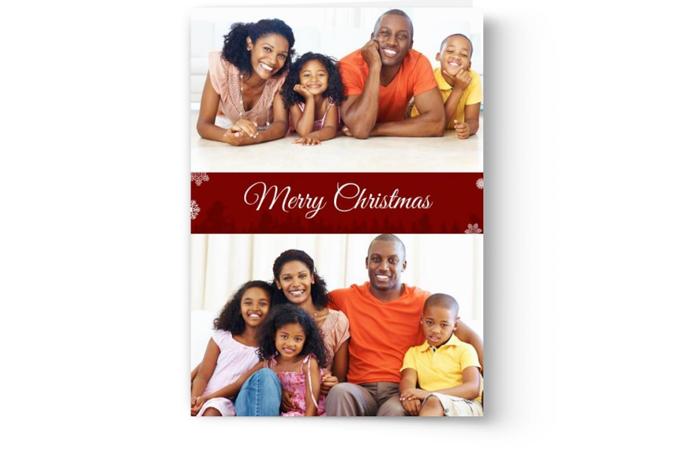 A family is posing for a personalized photo on a Photo Book Press Custom Christmas Card.