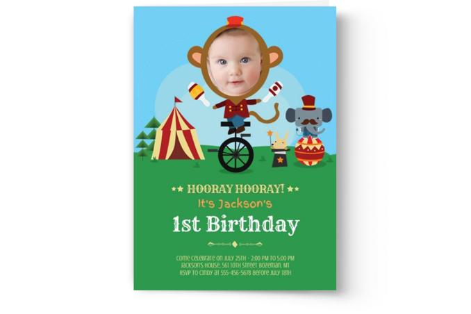 Photo Book Press' Create & Print Kid's Photo Birthday Party Invitations | Custom Invitations featuring a circus theme with a cartoon baby riding a unicycle, flanked by a monkey and a mouse, celebrating Jackson's 1st birthday.
