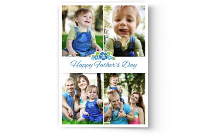 A personalized Father's Day greeting card with two solo images of a smiling toddler, and a family portrait with a father, mother, and two children enjoying outdoor activities can be found in the Create & Print Custom Photo Father's Day Cards from Photo Book Press.