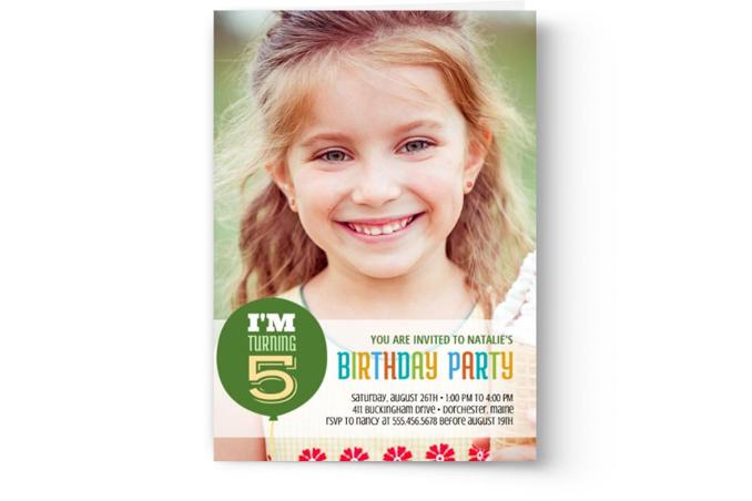 A Photo Book Press birthday party invitation template design featuring a smiling young girl, announcing she is turning 5 years old.