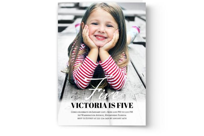 A smiling young girl resting her chin on her hands with text announcing her fifth birthday celebration, perfect for those looking to create Photo Book Press's Create & Print Kid's Photo Birthday Party Invitations.