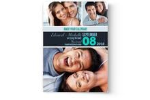 A custom printed Photo Book Press save the date card with two photos of a man and a woman.