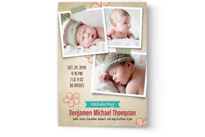 A custom printed birth announcement photo card by Photo Book Press, featuring multiple photos of a newborn baby, along with birth details and the child's name.
