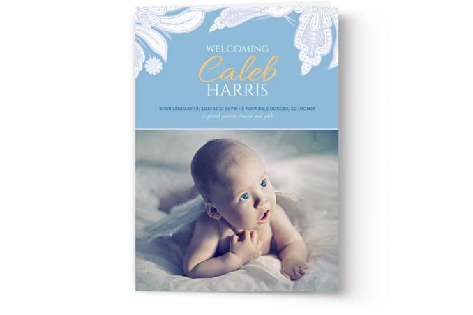 Birth Announcement Photo Cards, custom printed by PhotoBook Press, featuring a baby with the name Caleb Harris.