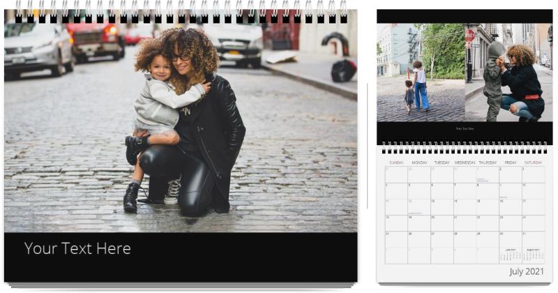 A woman and a young child embracing on a cobblestone street, featured in two photos on a Photo Book Press custom photo wall calendar paper for July 2021 spread.