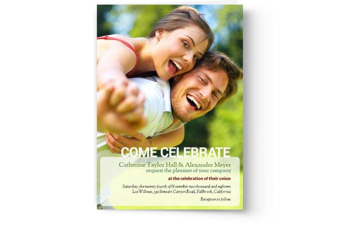 A custom printed flyer with a man and a woman smiling.
Print Your Own Wedding Invitations from Photo Book Press, with a man and a woman smiling.
