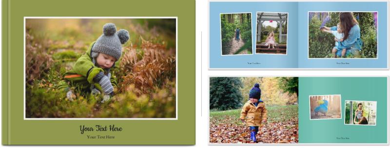 A personalized Make & Print Hardcover Photobook from Photo Book Press with pictures of a child and a dog.