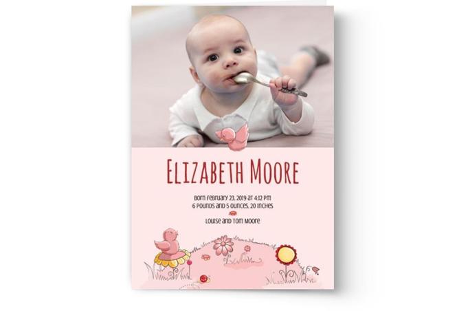 A custom-printed baby announcement card for Elizabeth Moore featuring an image of a baby with a spoon, from Photo Book Press Birth Announcement Photo Cards.