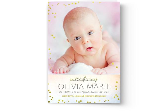 Custom printed birth announcement photo cards from Photo Book Press featuring a baby with the name Olivia Marie, including the birth date, weight, and height details.