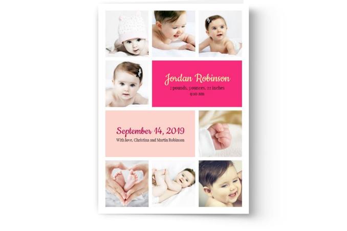 Birth announcement card custom printed by Photo Book Press, featuring multiple photos of a newborn named Jordan Robinson, detailing the baby's age, weight, height, and the time of birth along with the names of