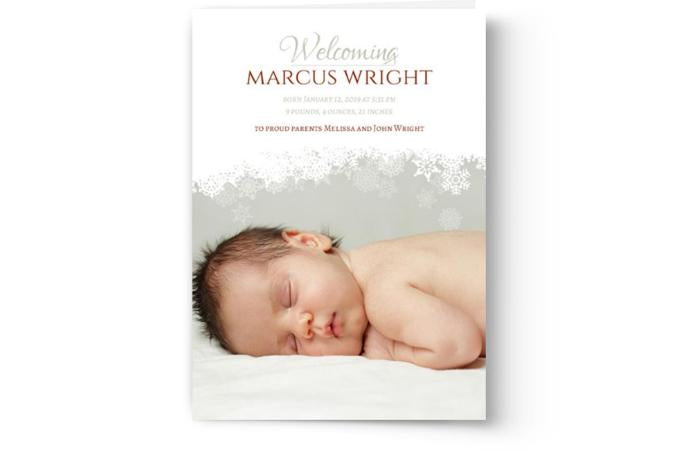 A custom printed birth announcement photo card for Marcus Wright featuring an image of a sleeping newborn, by Photo Book Press.