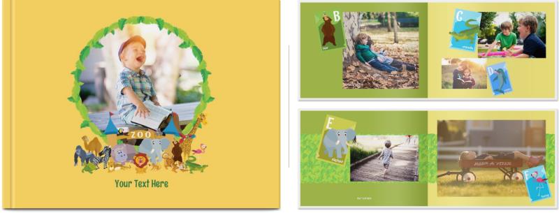 A personalized photo album with pictures of a child and a dog, bound in the Make & Print Hardcover Photobooks from Photo Book Press.