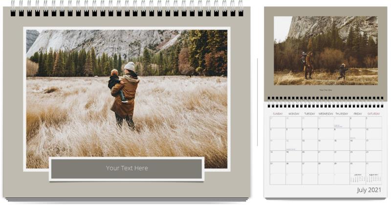A high-quality Custom Wall Calendar Printing by Photo Book Press with a photo of a man and woman in a field.