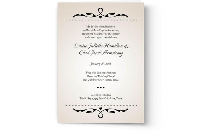 A black and white wedding invitation with an ornate Print Your Own Wedding Invitations design from Photo Book Press.