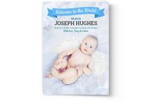 A custom printed baby announcement card featuring an infant named Joseph Hughes, created by Photo Book Press.