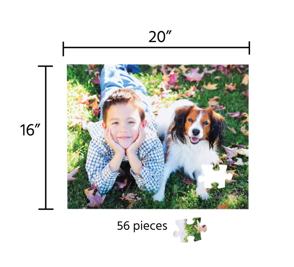 Smiling child and dog on a Create Your Own Childrens Photo Puzzle template with dimensions and piece count indicated, from Fuji Personalized Photo Products.