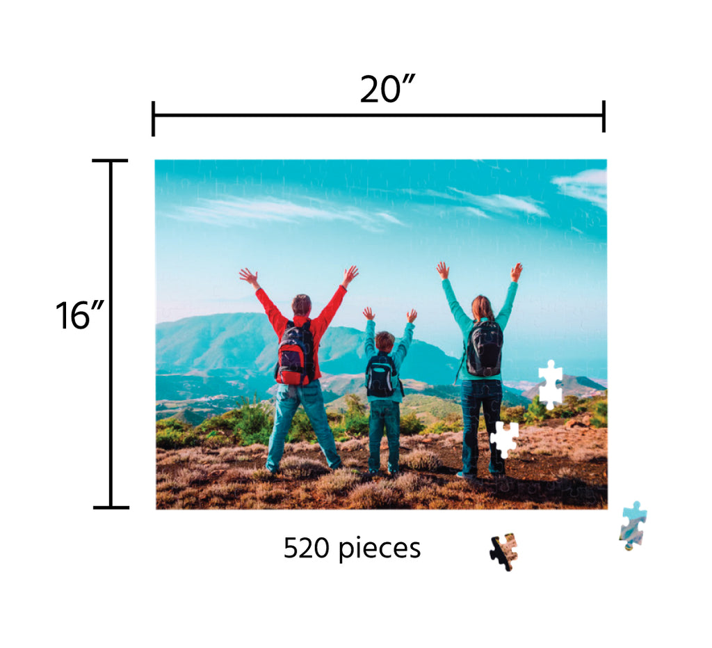 An image of a family with backpacks on a mountain top printed on a Fuji Personalized Photo Products Custom Premium Photo Puzzle.